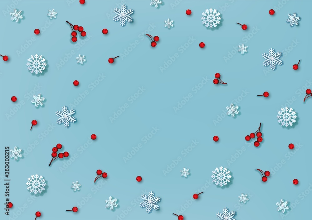 Plakat Wzór na Boże Narodzenie i Nowy Rok, dekoracyjny płatek śniegu, ostrokrzew jagody na niebiesko