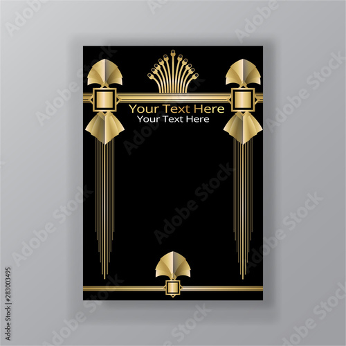 Art Deco page template, retro  style for web and print, city and the lights pattern with golden lines. Modern design for menu or flyer, luxury gentle 