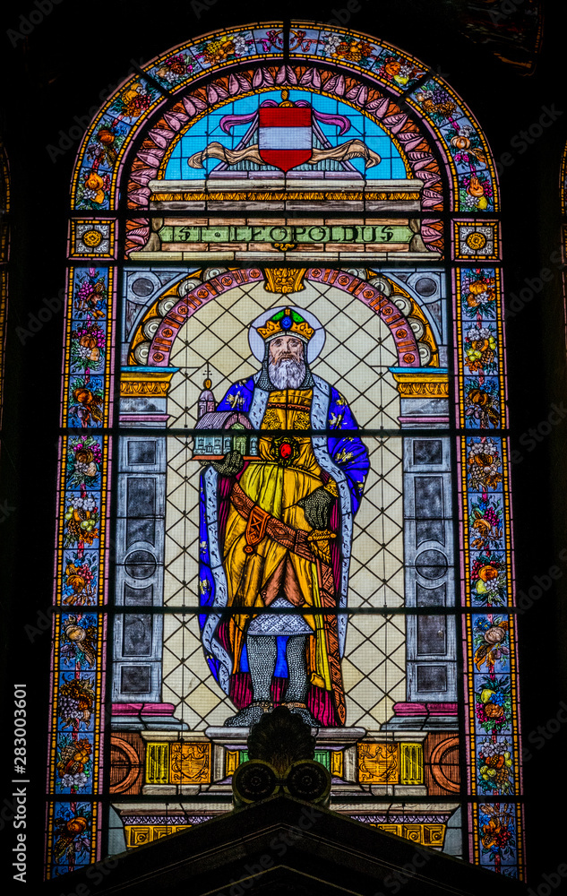 Saint Stephen, the image on the stained glass window. Interior of St. Stephen's Basilica in Budapest