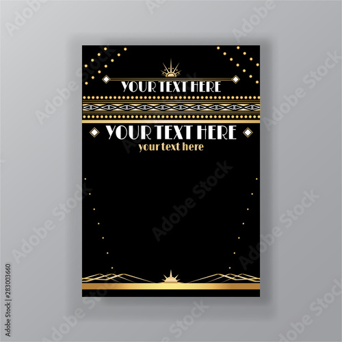 Art Deco page template, retro  style for web and print, city and the lights pattern with golden lines. Modern design for menu or flyer, luxury gentle 