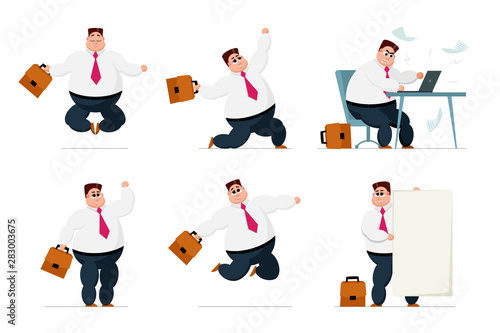 Businessman situations collection. Office fat worker business men in different poses and expressions. Manager cartoon character actions and emotions set vector illustration