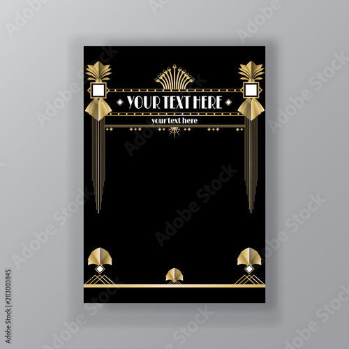Art Deco page template, retro  style for web and print, city and the lights pattern with golden lines. Modern design for menu or flyer, luxury gentle 