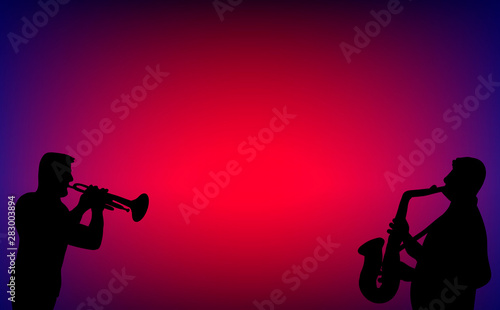 Trumpet and saxophone player duet, playing jazz, blues, swing or love songs in a dim night bar. Silhouette vector illustration on blue and red background.