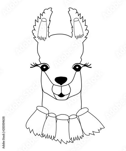 Llama with traditional, bright decorations with tassels. Cute black-white Llama for coloring, childish print for fabric, t-shirt, poster, card.