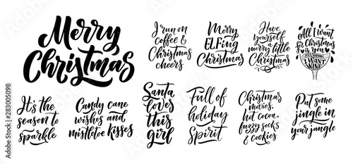 Christmas quotes. Winter xmas slogans. Hand drawn Calligraphic lettering. Inspirational text for invitation design. Vector
