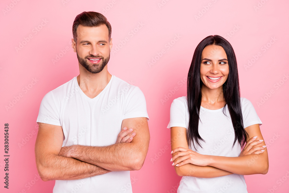 Portrait of his he her she two nice-looking attractive pretty lovely charming cute content cheerful cheery spouses folded arms isolated over pink pastel background Portrait of his he her she two nice-looking attractive pretty lovely charming cute content cheerful cheery spouses folded arms isolated over pink pastel background