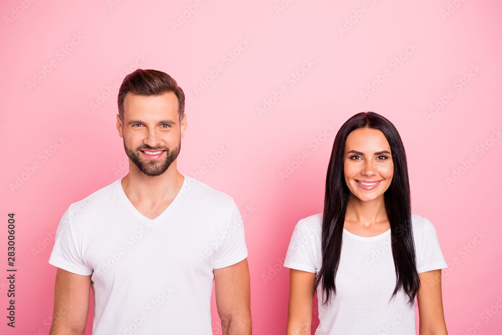 Portrait of his he her she two nice-looking attractive lovely charming cute winsome cheerful cheery person isolated over pink pastel background Portrait of his he her she two nice-looking attractive lovely charming cute winsome cheerful cheery person isolated over pink pastel background