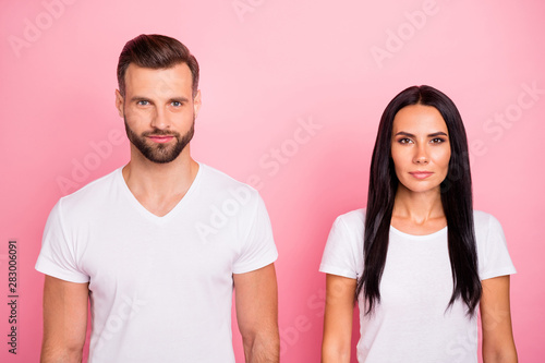 Close-up portrait of his he her she two nice-looking attractive lovely charming focused calm concentrated person isolated over pink pastel background