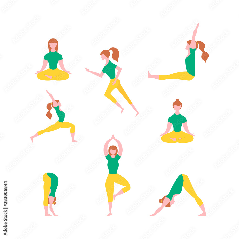 Yoga class. Female sport poses. Vector isolated illustration.