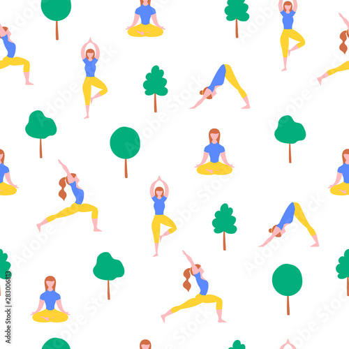 Seamless pattern with yoga girls in the park. Outdoor woman sport. Vector illustration.