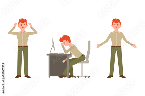 Sad, exhausted, miserable office guy in green pants vector illustration. Standing unhappily, sitting depressed man cartoon character set on white background