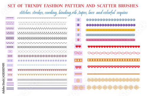 Set of fashion pattern brushes. Modern printed stripes  stitches  binding  tapes  laces  belts and pockets.