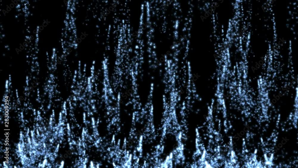 Abstract blue particles like bubbles rise to the top of the screen. Beautiful floating particles with flare on black background.