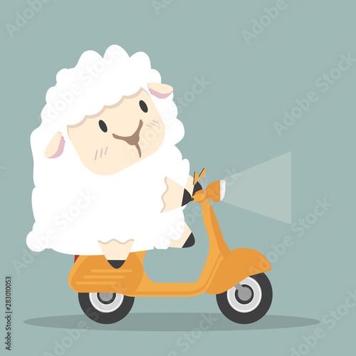 cute sheep with yellow scooter vector