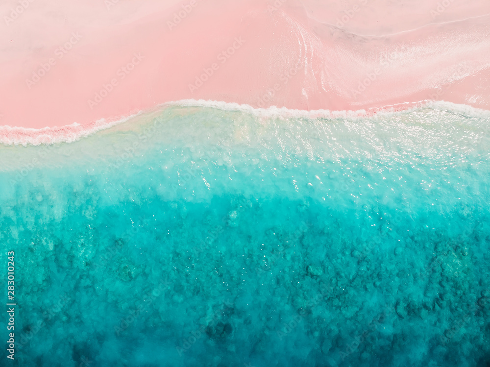 Tropical pink beach with blue ocean. Komodo islands - obrazy, fototapety, plakaty 