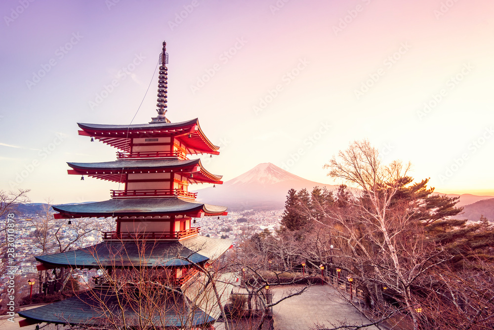 Fujiyoshida, Japan at Chureito Pagoda and Mt. Fuji at sunset