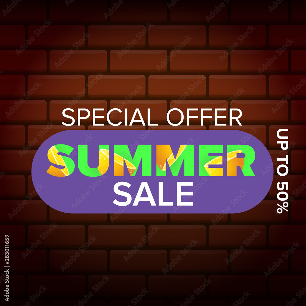 Obraz premium vector summer sale modern design template web banner or poster. Summer sale label with typographic text on brick wall background