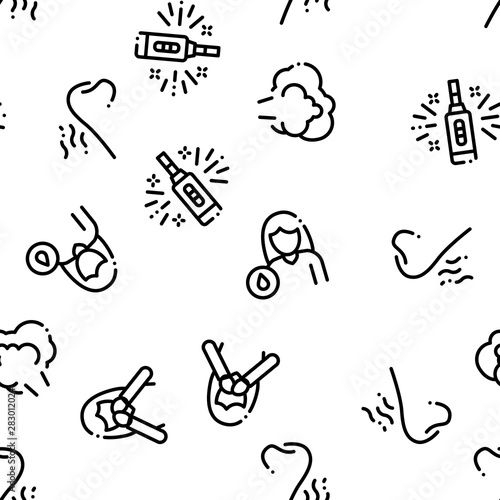 Symptomps Of Pregnancy Seamless Pattern Vector. Fatigue And Nausea, Food Aversion And Frequent Urination, Constipation And Faintness Symptomps Of Pregnancy Illustration