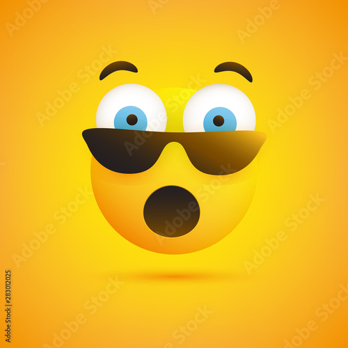 Emoji with Surprised Face, Open Mouth and Eyes with Sunglasses - Simple Emoticon on Yellow Background - Vector Design Illustration