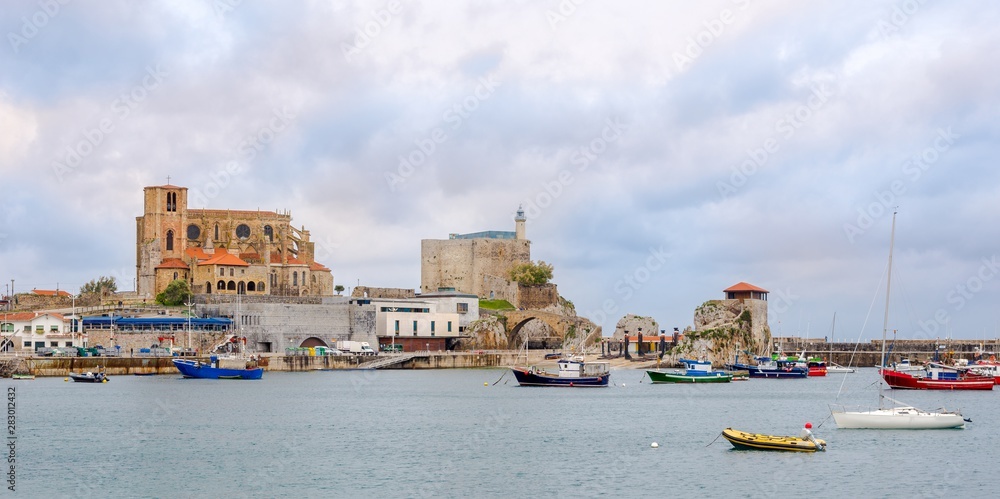 View at the Old Castle and Church of Assumption Virgin Mary in Castro Urdiales - Spain