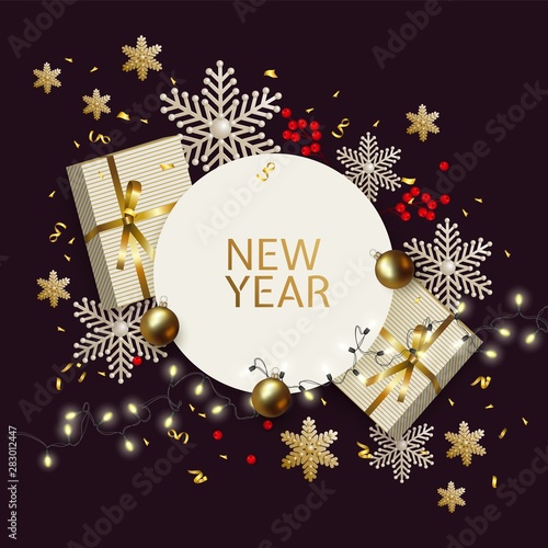 New Year Christmas greeting card with gift box, ball, holly berry, snowflake, lightbulb