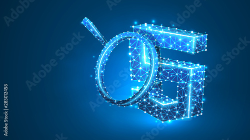Magnifying glass Analysis of HTML coding language. Code analytics, programming, developing concept. Abstract, digital, wireframe, low poly mesh, vector blue neon 3d illustration. Line, dot