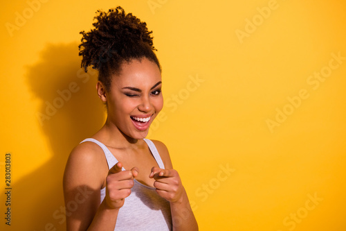 Bilde på lerret Close up photo beautiful attractive she her dark skin model lady wink one eye ex