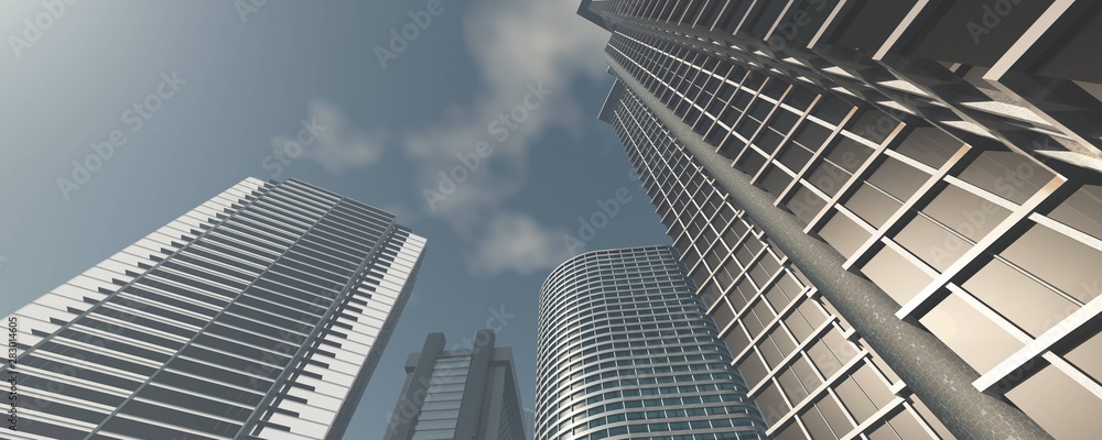 Beautiful skyscrapers bottom view on sky background, 3D rendering