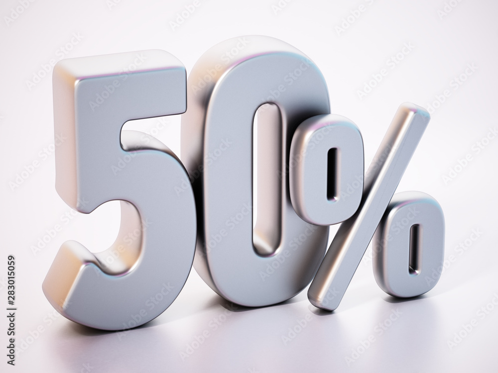 50 percent word standing on white surface with soft reflection. 3D illustration 50 percent word standing on white surface with soft reflection. 3D illustration