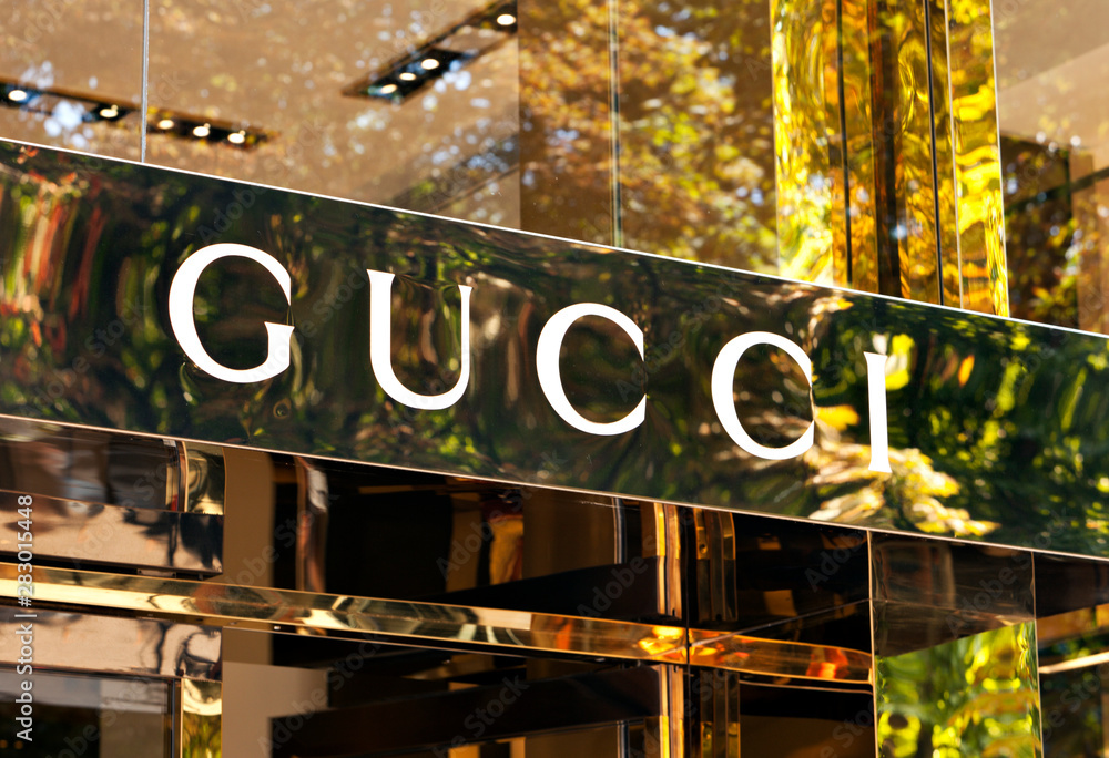 Düsseldorf, Germany - August 20, 2011: Gucci signage at store entrance.  Stock Photo | Adobe Stock
