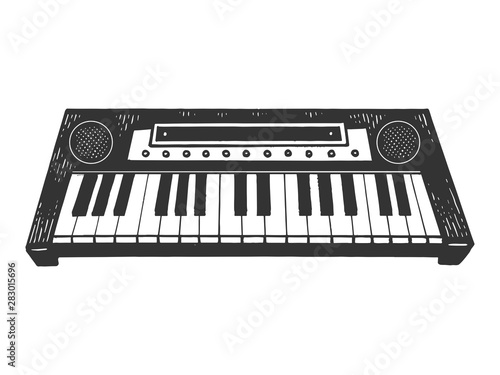 Synthesizer electronic piano instrument sketch engraving vector illustration. Scratch board style imitation. Black and white hand drawn image.