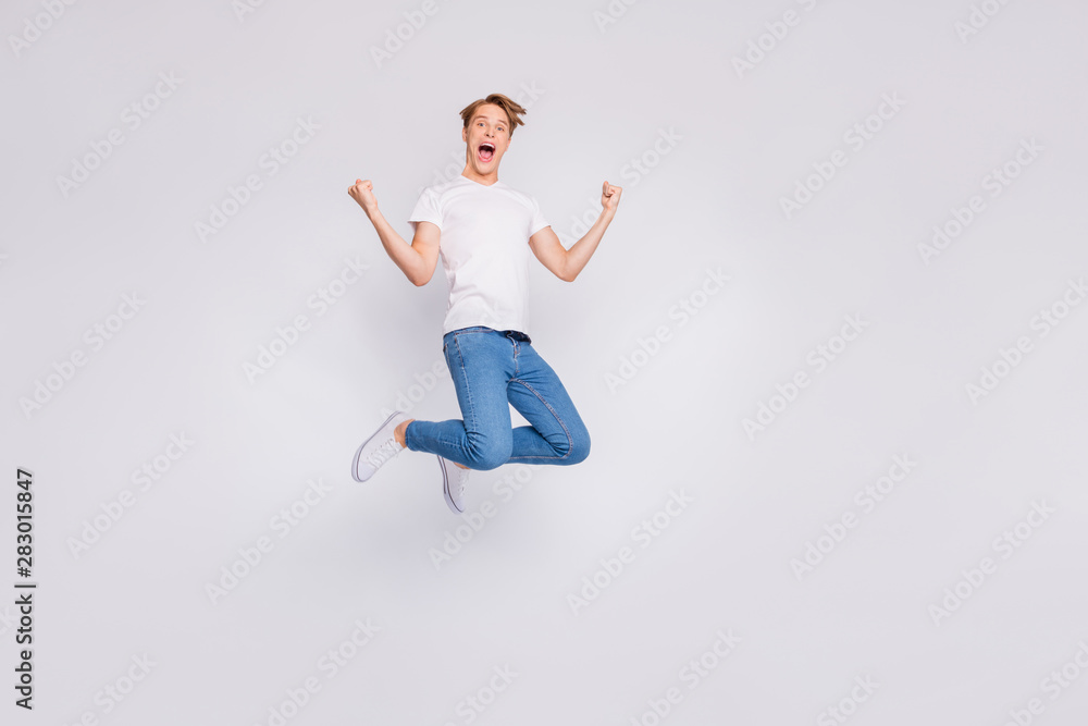 Full length photo of jumping high guy wear casual outfit isolated white background