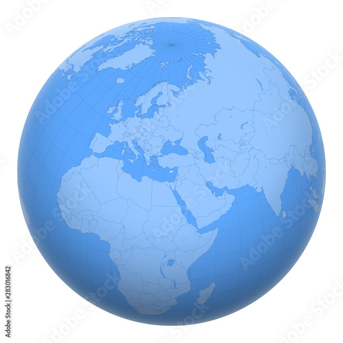 Cyprus on the globe. Earth centered at the location of the Republic of Cyprus. Map of Cyprus. Includes layer with capital cities.
