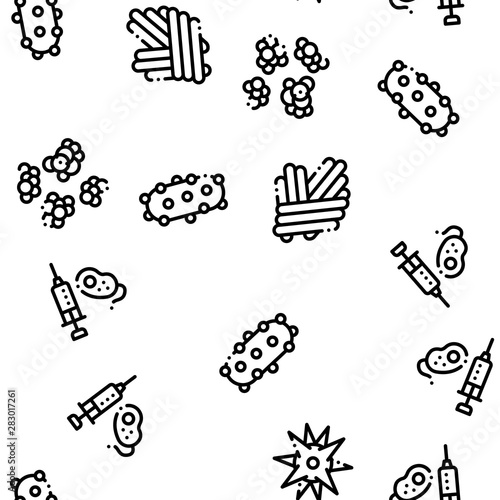 Pathogen Seamless Pattern Vector. Pathogen Bacteria Microorganism, Microbes And Germs Linear Pictograms. Analysis In Flask, Microscope And Injection Illustration