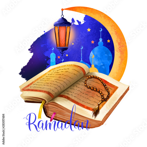 Canvas Print Ramadhan or Ramathan Ramadan Ramazan, Ramzan isolated kareem holy book, beads and mosque silhouette, crescent moon
