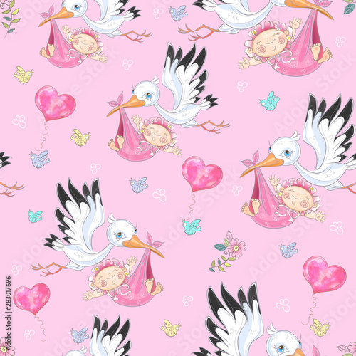 Seamless background for baby girl's birth. Stork with baby girls. Vector