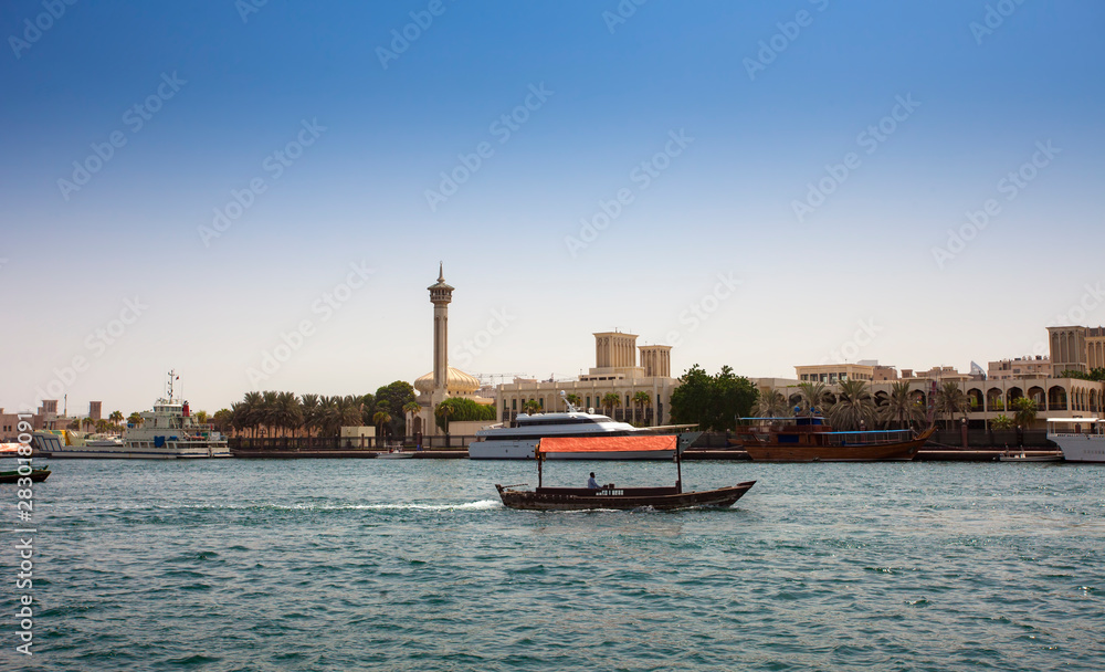 old city of Dubai Deira with boat and clear sky