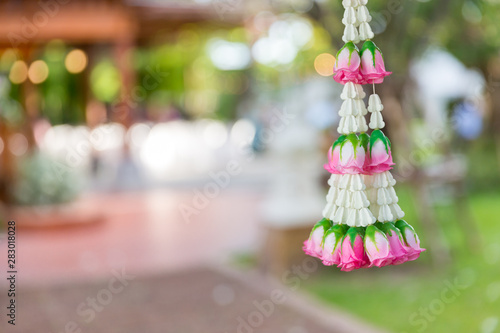 Asain white and pink flower wedding decoration in wedding ceremony day