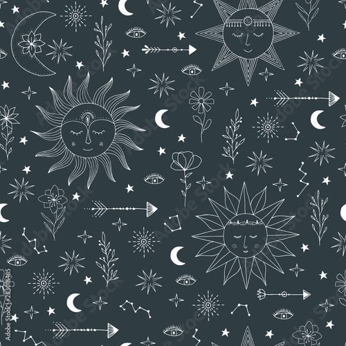 Seamless pattern with stars, comets, suns, moon, constellation, Children wallpaper background. 