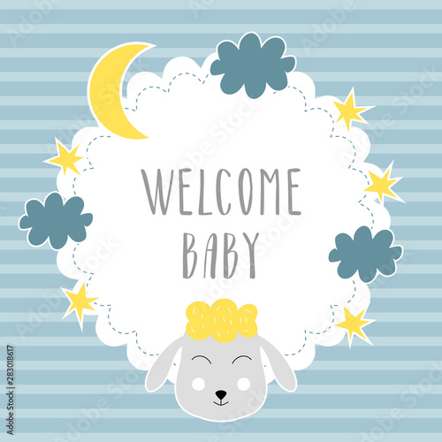 Baby shower frame with cute animal, moon, clouds, stars. Vector isolated illustration. Blue, yellow, white design.