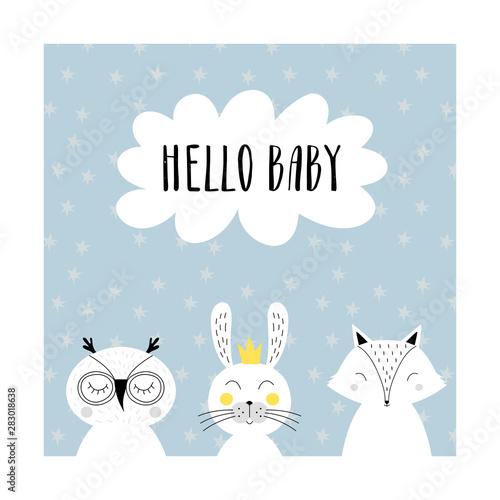 Baby shower card with cute animals. Frame for newborn design. Vector illustration.