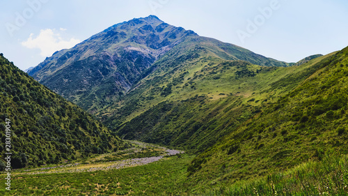 Panorama of a mountain valley in summer  aerial view. A fabulous view of the mountain peaks  amazing nature  summer in the mountains. Travel  tourism. beautiful background picture of nature