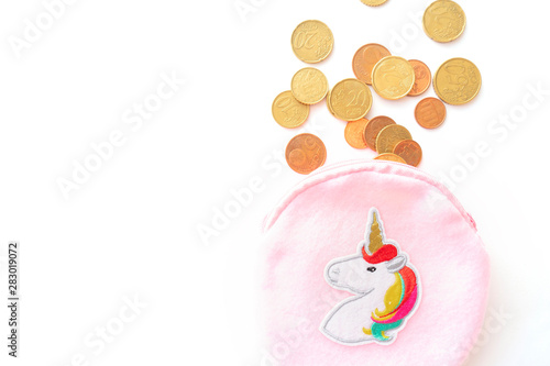 Kid wallet with euro coins isolated on white background. Concept of economic financial  children education. Money making concept. The accumulation of monetary currency. Saving money for education.
