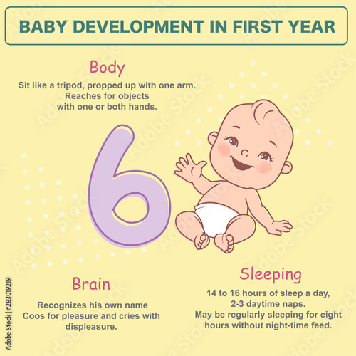 Little baby of 6 month.  Physical, emotional development milestones in first year.  Cute little baby boy or girl  in diaper sitting. Infographics  with text. Vector illustration.