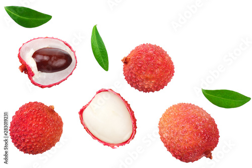 Fresh lychee with leaves isolated on white background. top view photo