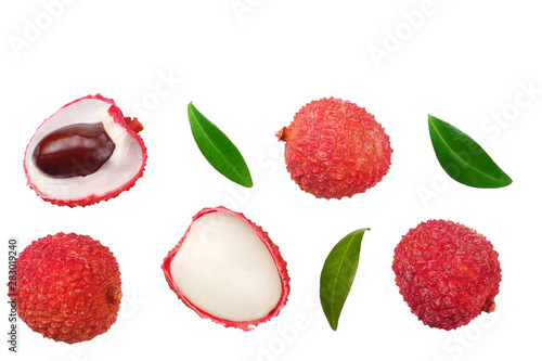 Fresh lychee with leaves isolated on white background. top view