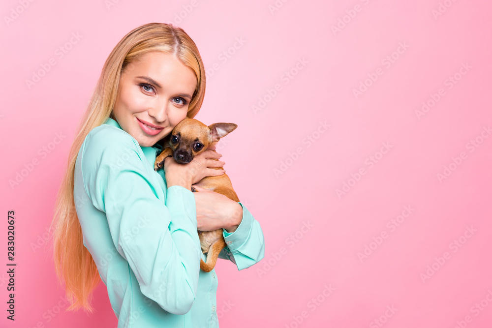 Φωτογραφία Portrait of cute lady with her purebred doggy cuddling looking wearing teal turq