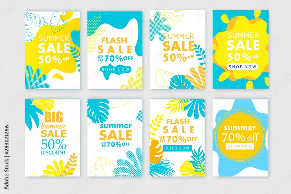 Summer sale banner template design, Flash sale special offer set with tropic leaves.