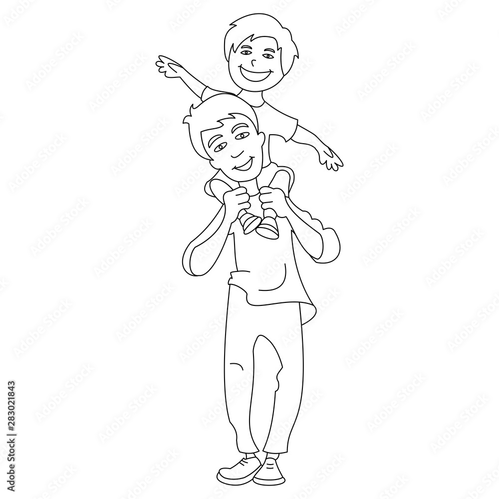 Vector illustration of a little boy sitting on his daddy shoulder. Vector illustration with continuous lines on white background. Vector illustration of a little boy sitting on his daddy shoulder. Vector illustration with continuous lines on white background.