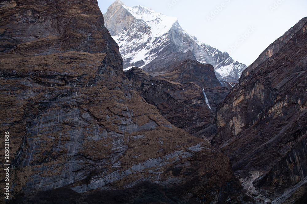 Mountains peaks with stream in Himalayas, Napal